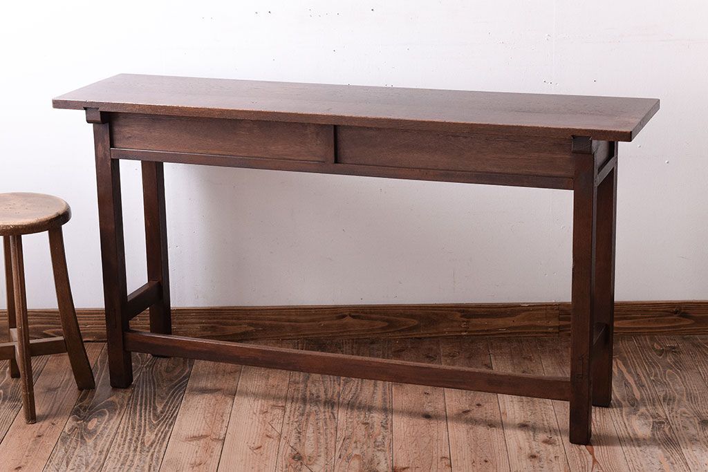 レトロ家具　昭和レトロ　古い木のシンプルな横長平机(コンソールテーブル)