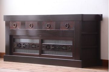 アンティーク家具　和製アンティーク　五尺　銀モールガラス入りの明治〜大正期ローボード(水屋箪笥、テレビ台、キャビネット、収納棚)