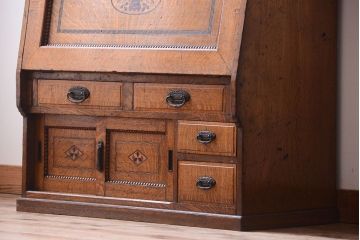 アンティーク家具　和製アンティーク　象嵌入り　ナラ材製の重厚な大振り高級ライティングビューロー