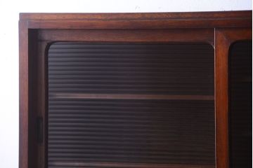 レトロ家具　昭和レトロ　モールガラス入り　ナラ材のアンティーク食器棚(カップボード)