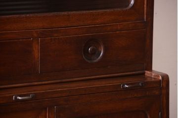 レトロ家具　昭和レトロ　モールガラス入り　ナラ材のアンティーク食器棚(カップボード)