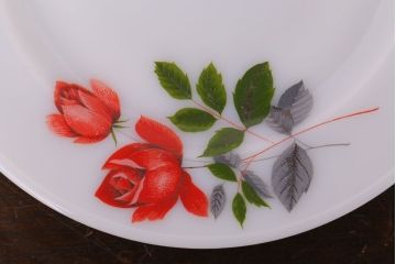 イギリスビンテージ　JAJ　パイレックス　June Rose(ジューン ローズ)シリーズ　ミルクガラスのカップ&ソーサー&プレート(トリオ)3客セット(洋食器)(2)