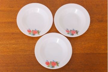 イギリスビンテージ　JAJ　パイレックス　Cottage Rose(コテージ ローズ)シリーズ　ミルクガラスのスープ皿3枚セット(洋食器)(2)