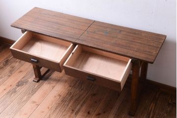 昭和レトロ　引き出しリメイク　小学校の古い平机(デスク・作業台)
