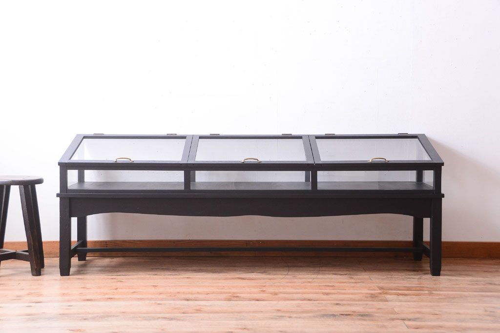 アンティーク家具　ペイント　扉(蓋)付きのアンティークガラスケース(ショーケース)