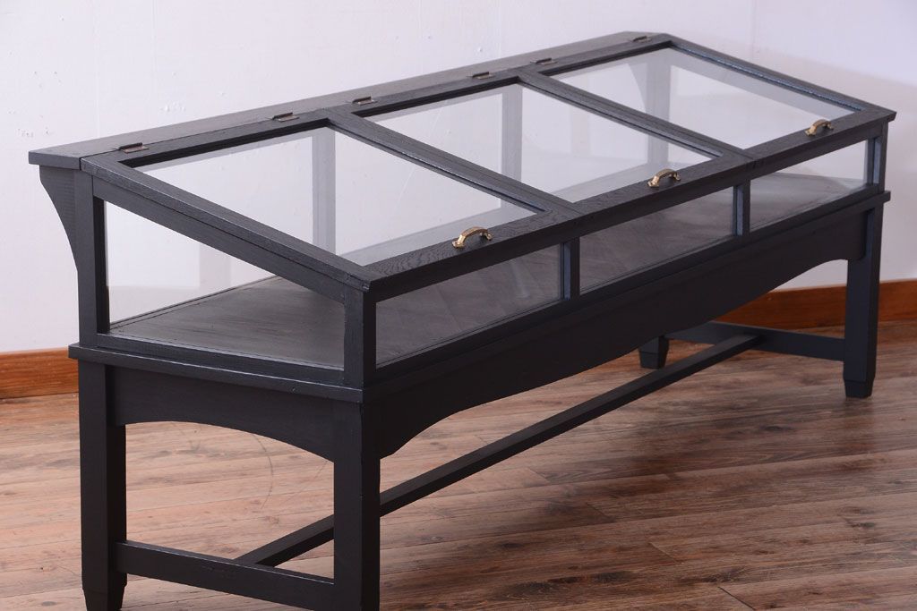 アンティーク家具　ペイント　扉(蓋)付きのアンティークガラスケース(ショーケース)