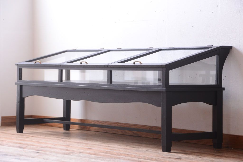 アンティーク家具　ペイント　扉(蓋)付きのアンティークガラスケース(ショーケース)