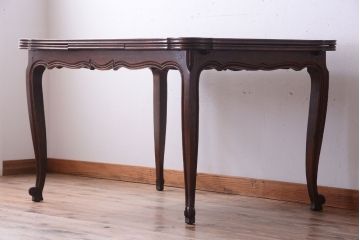アンティーク家具　パーケット天板　オーク材　フランスアンティーク　猫脚のドローリーフテーブル