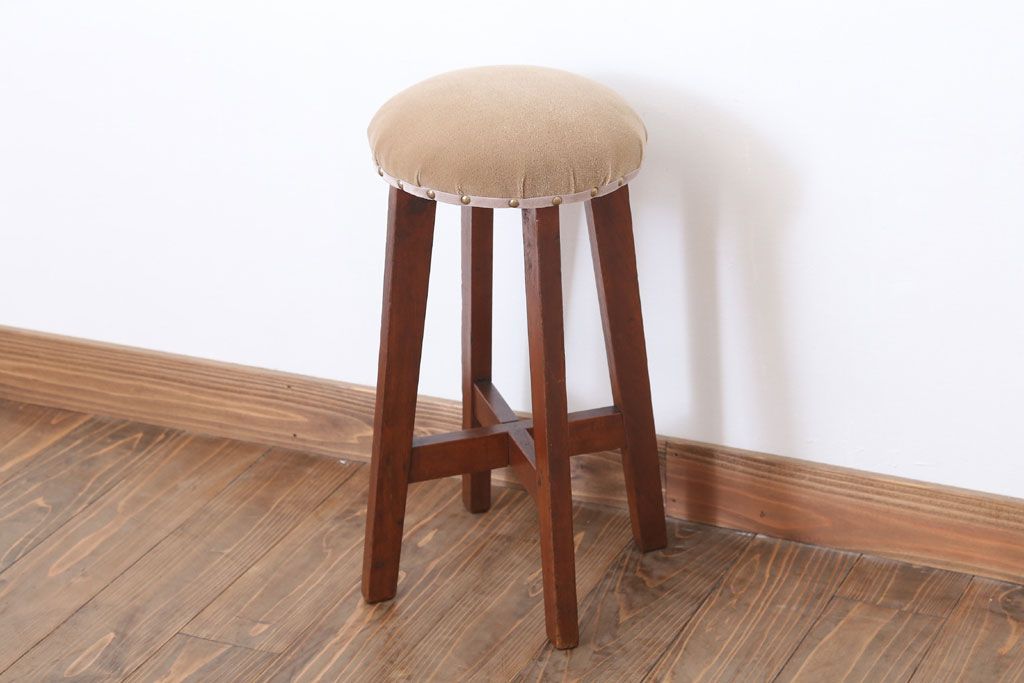 アンティーク家具　クッション座面　古い木のアンティーク丸スツール