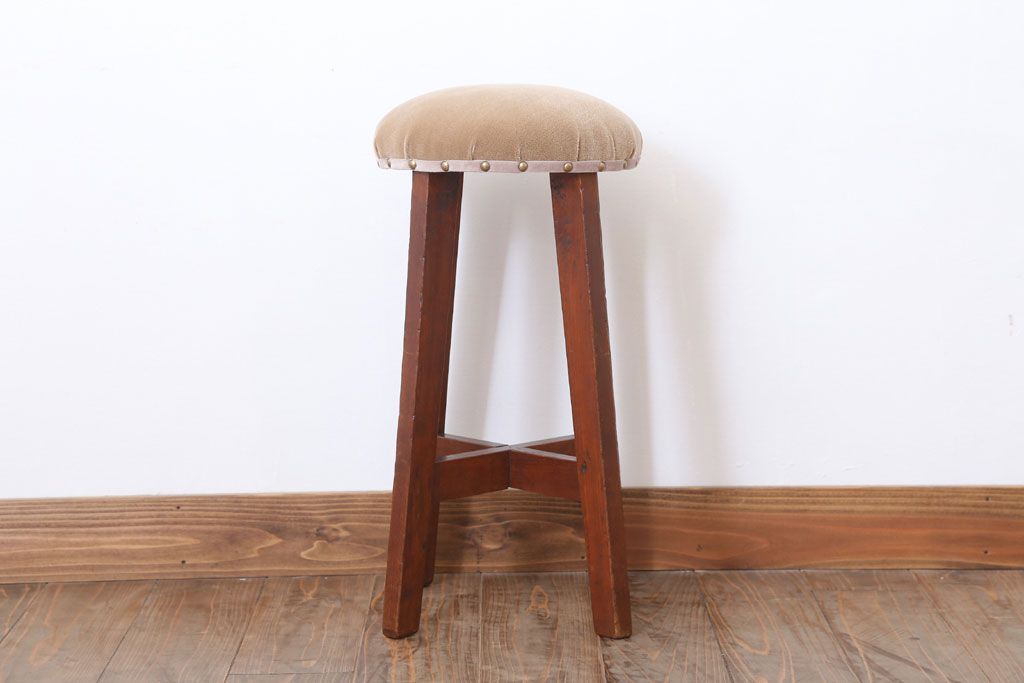 アンティーク家具　クッション座面　古い木のアンティーク丸スツール
