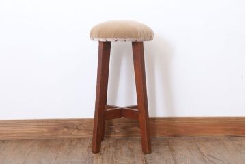 アンティーク家具　クッション座面　古い木のアンティーク丸スツール