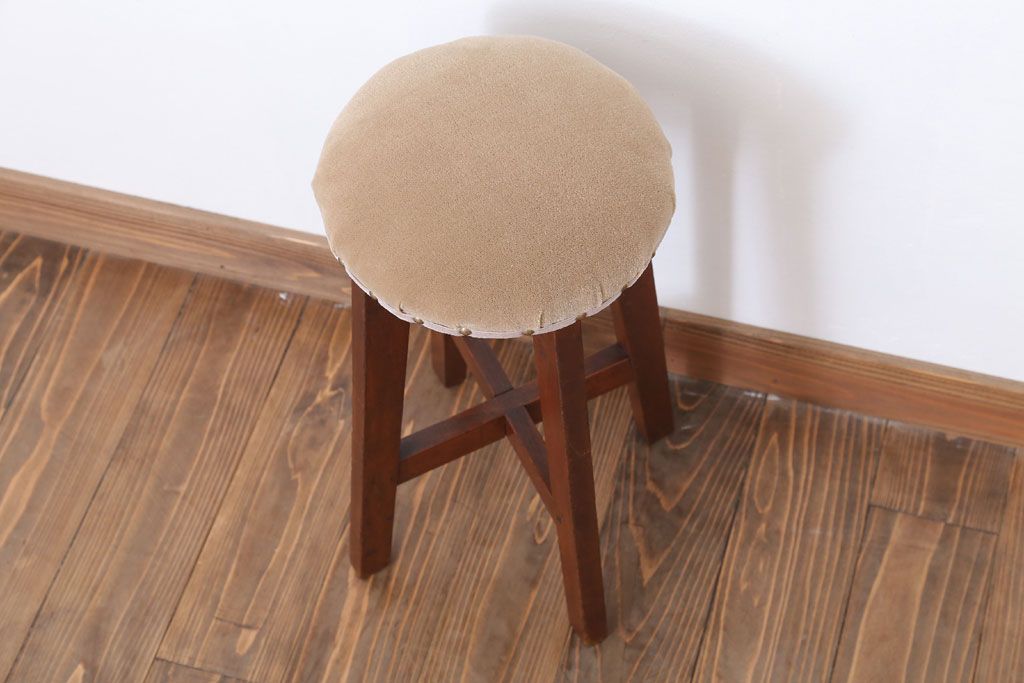 アンティーク家具　クッション座面　古い木のアンティーク丸スツール