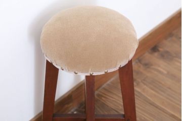 アンティーク家具　クッション座面　古い木のアンティーク丸スツール