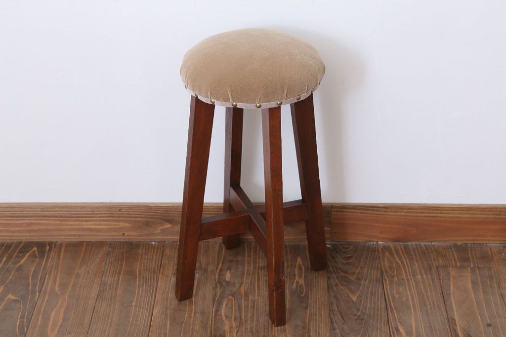 アンティーク家具　クッション座面　古い木のアンティーク丸スツール