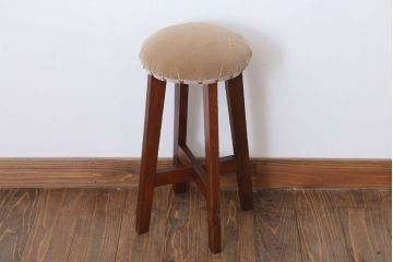 アンティーク家具　クッション座面　古い木のアンティーク丸スツール
