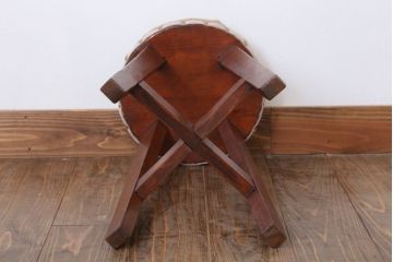 アンティーク家具　クッション座面　古い木のアンティーク丸スツール