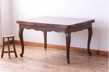 アンティーク家具　パーケット天板　ウォールナット材　フランスアンティーク　猫脚のドローリーフテーブル