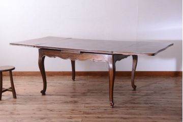 アンティーク家具　パーケット天板　ウォールナット材　フランスアンティーク　猫脚のドローリーフテーブル