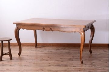 ヴィンテージ家具　フランスビンテージ　パーケット天板　オーク材　猫脚のダイニングテーブル (エクステンションテーブル)(2)