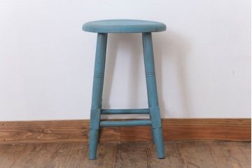 アンティーク家具　アンティークペイント　濃い水色の丸スツール
