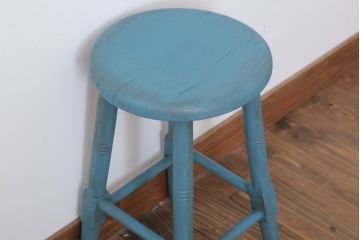 アンティーク家具　アンティークペイント　濃い水色の丸スツール
