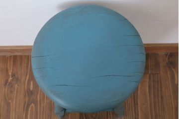 アンティーク家具　アンティークペイント　濃い水色の丸スツール