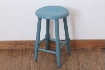アンティーク家具　アンティークペイント　濃い水色の丸スツール