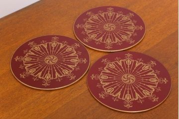 アンティーク雑貨　LADY CLARE(レディクレア)　イギリスビンテージ　木製のラウンドテーブルマット3枚セット(ランチョンマット・プレイスマット・コースター・丸トレー)