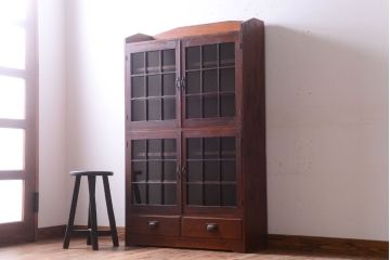 アンティーク家具　格子扉!古いナラ材の和製アンティーク戸棚(収納棚・本箱)