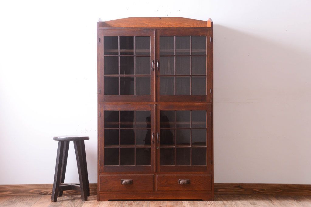 アンティーク家具　格子扉!古いナラ材の和製アンティーク戸棚(収納棚・本箱)