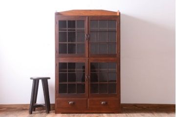 アンティーク家具　格子扉!古いナラ材の和製アンティーク戸棚(収納棚・本箱)