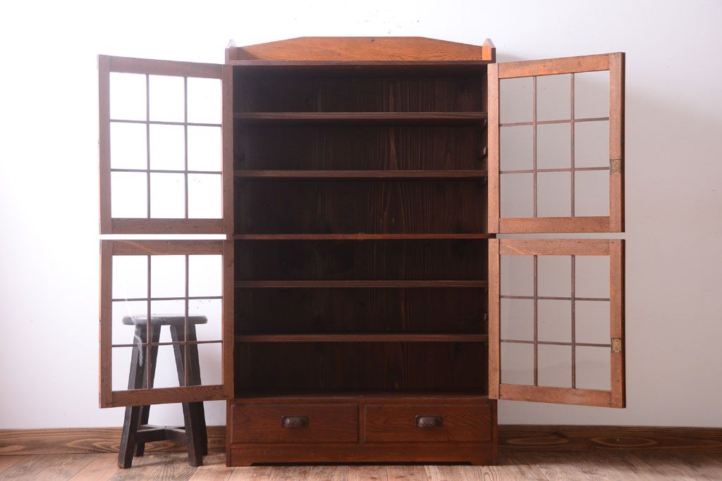 アンティーク家具　格子扉!古いナラ材の和製アンティーク戸棚(収納棚・本箱)