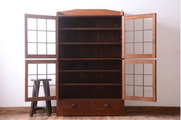 アンティーク家具　格子扉!古いナラ材の和製アンティーク戸棚(収納棚・本箱)
