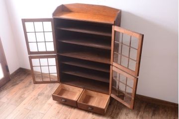 アンティーク家具　格子扉!古いナラ材の和製アンティーク戸棚(収納棚・本箱)