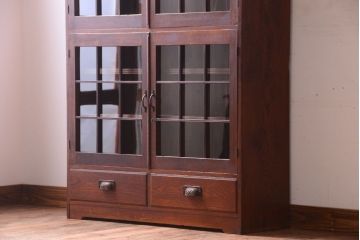 アンティーク家具　格子扉!古いナラ材の和製アンティーク戸棚(収納棚・本箱)