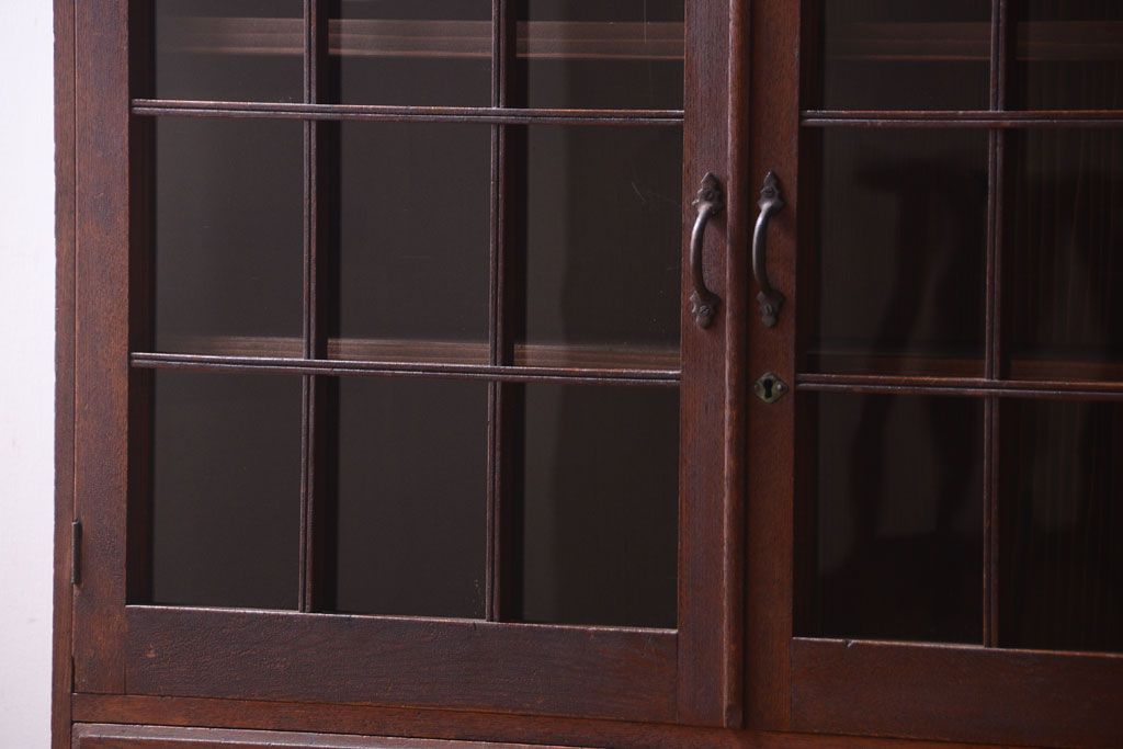 アンティーク家具　格子扉!古いナラ材の和製アンティーク戸棚(収納棚・本箱)