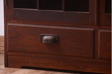 アンティーク家具　格子扉!古いナラ材の和製アンティーク戸棚(収納棚・本箱)