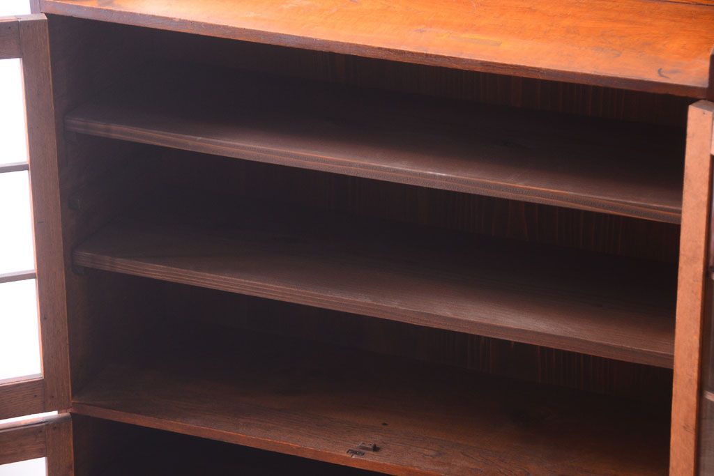 アンティーク家具　格子扉!古いナラ材の和製アンティーク戸棚(収納棚・本箱)