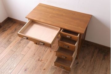 レトロ家具　和製アンティーク　ナラ材・ブナ材製　昭和レトロな薄型の片袖机(デスク)