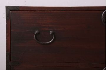 アンティーク家具　シンプルデザイン　古民具・骨董　丸金具付きの時代箪笥ローボード(2)