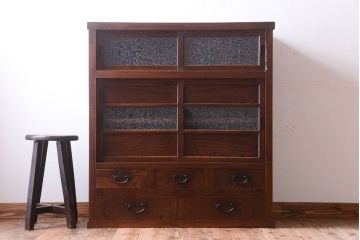 アンティーク家具　結霜ガラス入り!　古民具・骨董　前面欅材の上品なアンティーク茶箪笥