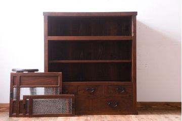 アンティーク家具　結霜ガラス入り!　古民具・骨董　前面欅材の上品なアンティーク茶箪笥