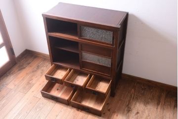 アンティーク家具　結霜ガラス入り!　古民具・骨董　前面欅材の上品なアンティーク茶箪笥