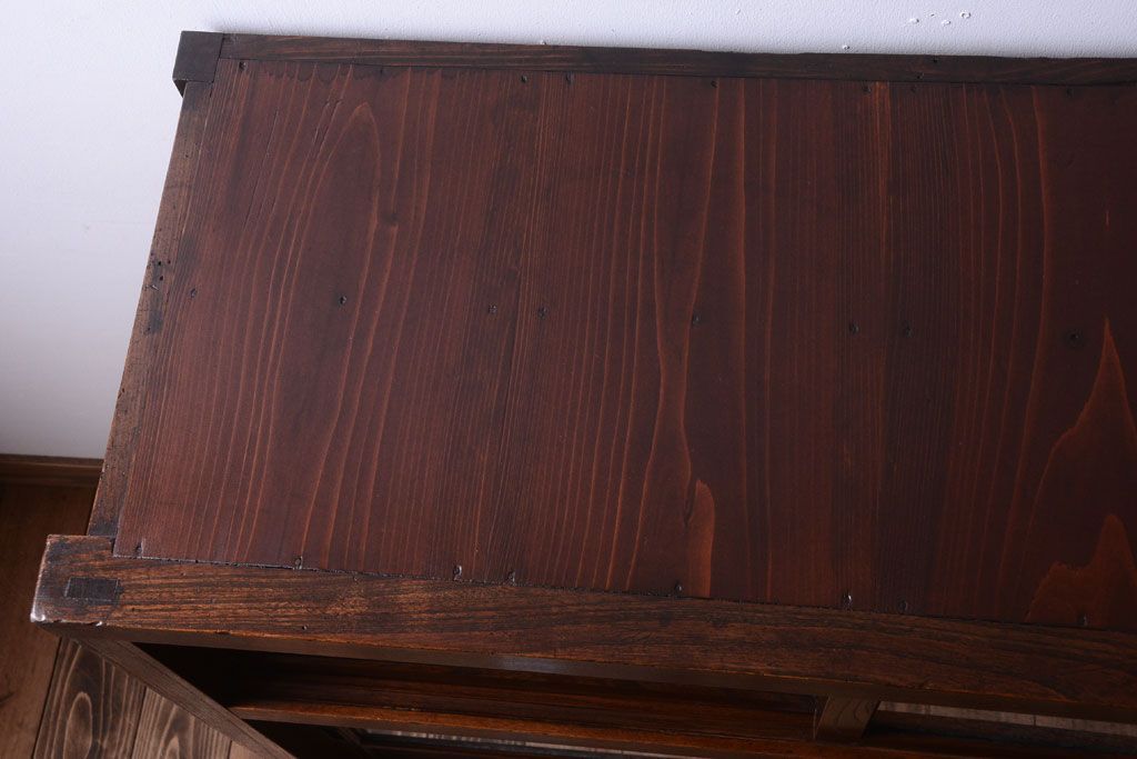 アンティーク家具　結霜ガラス入り!　古民具・骨董　前面欅材の上品なアンティーク茶箪笥