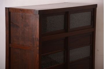 アンティーク家具　結霜ガラス入り!　古民具・骨董　前面欅材の上品なアンティーク茶箪笥