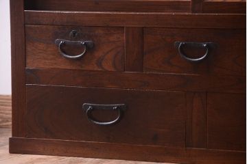 アンティーク家具　結霜ガラス入り!　古民具・骨董　前面欅材の上品なアンティーク茶箪笥