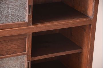 アンティーク家具　結霜ガラス入り!　古民具・骨董　前面欅材の上品なアンティーク茶箪笥