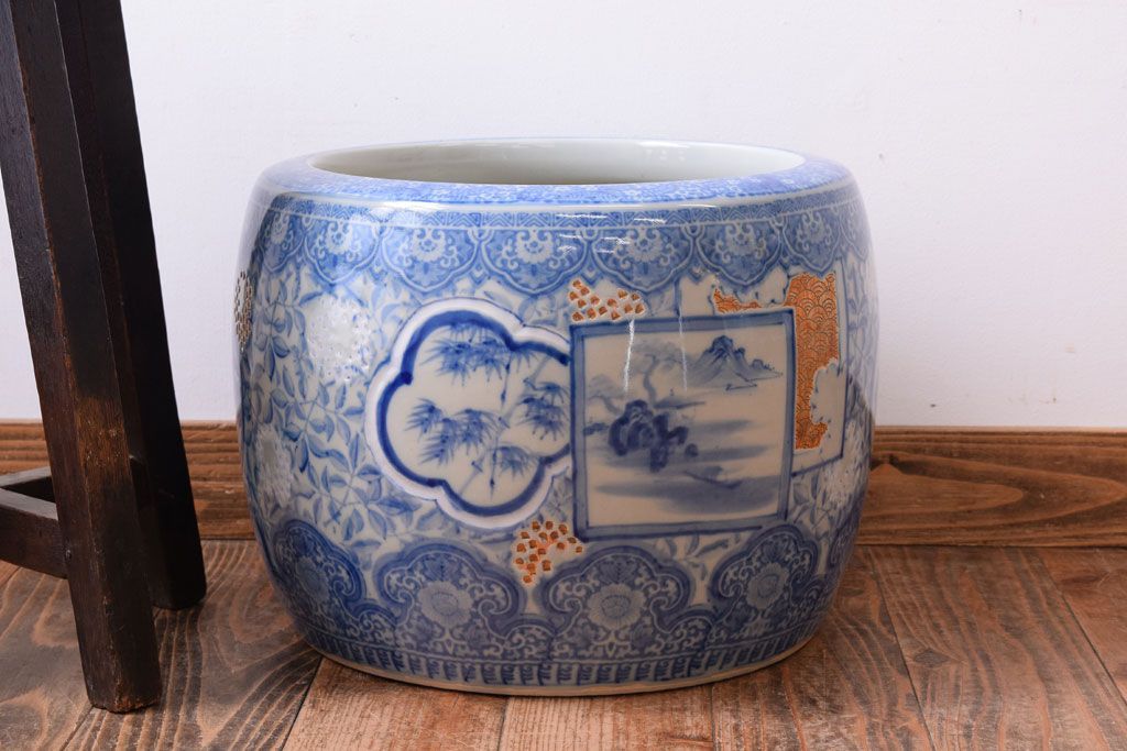 アンティーク雑貨　大正〜昭和初期　古民具・骨董　窓絵松竹　青海波　アンティーク瀬戸火鉢