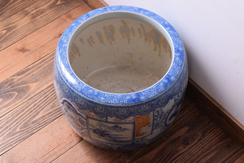 アンティーク雑貨　大正〜昭和初期　古民具・骨董　窓絵松竹　青海波　アンティーク瀬戸火鉢