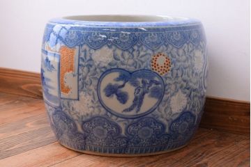 アンティーク雑貨　大正〜昭和初期　古民具・骨董　窓絵松竹　青海波　アンティーク瀬戸火鉢